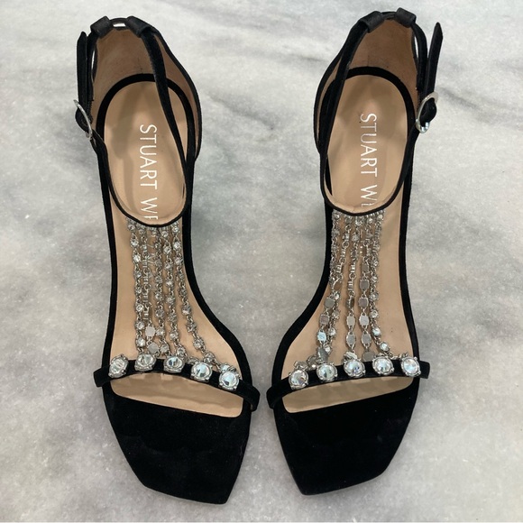 STUART WEITZMAN Stardust Black Suede Rhinestone Crystal Chain Heels Sandals - Picture 3 of 14